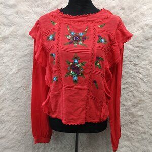 Free People Women's 1/2 OFF Floral Embroidered Red Longsleeve Top Medium Hippie